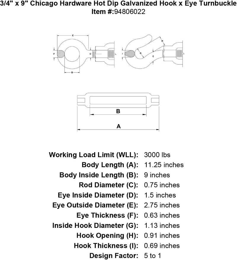 3 4 x 9 chicago hardware hot dip galvanized hook x eye turnbuckle specification diagram