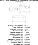 3 4 x 9 chicago hardware hot dip galvanized jaw x eye turnbuckle specification diagram