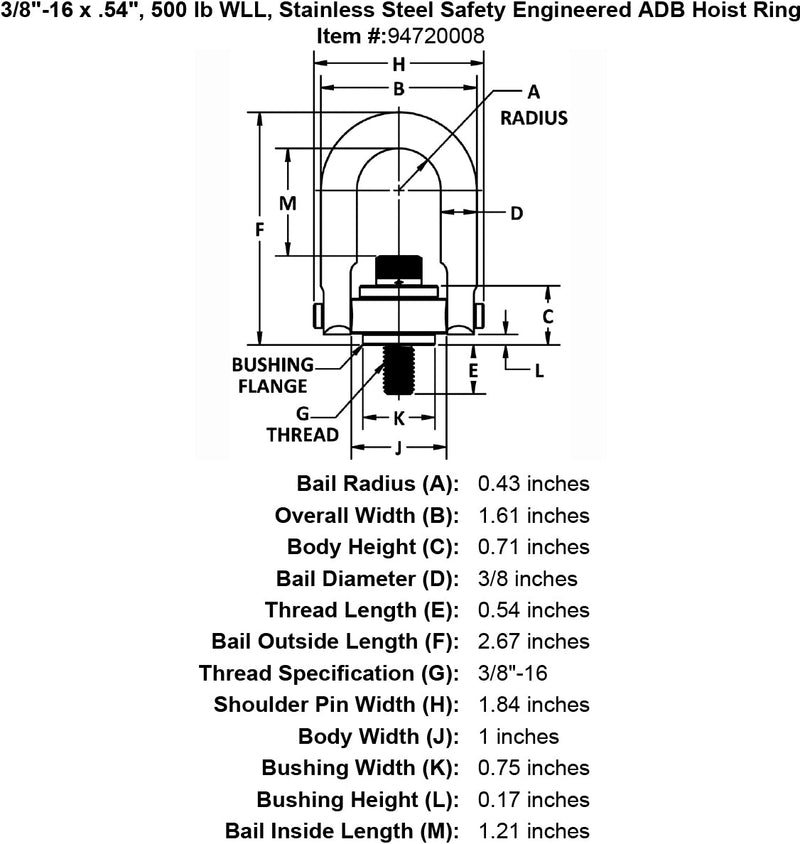 3 8 16 x 54 500 lb Stainless Steel Safety Engineered Hoist Ring specification diagram