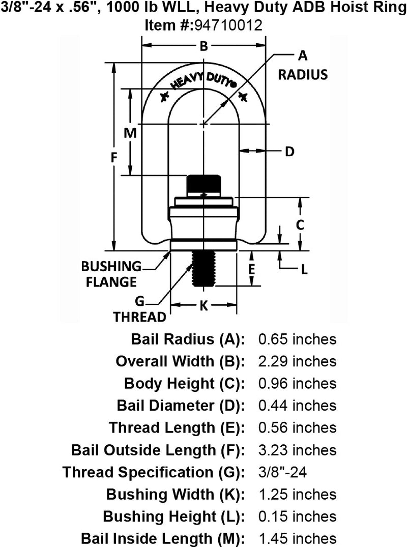3 8 24 x 56 1000 lb Heavy Duty Hoist Ring specification diagram