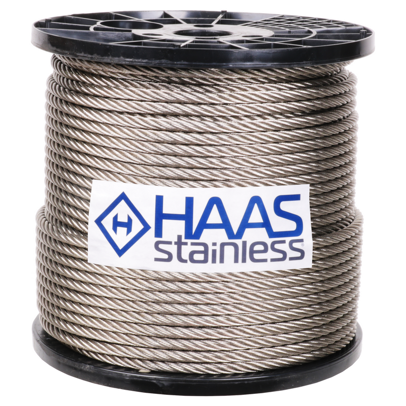 3/8 inch X 500 foot haas stainless 7x19 type 316 stainless steel cable reel label