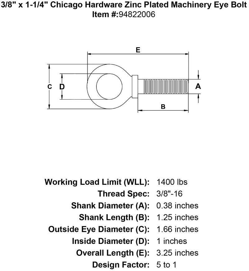 3 8 x 1 1 4 chicago hardware zinc plated machinery eyebolt specification diagram