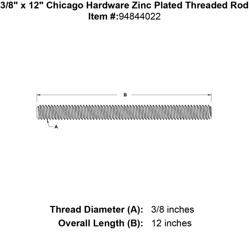 3 8 x 12 chicago hardware zinc plated threaded rod specification diagram
