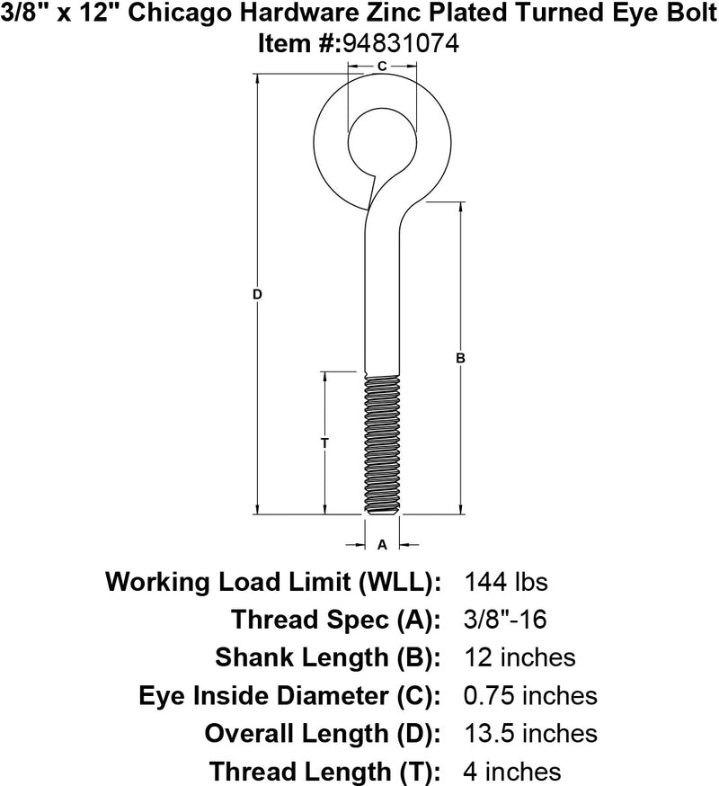 3 8 x 12 chicago hardware zinc plated turned eyebolt specification diagram