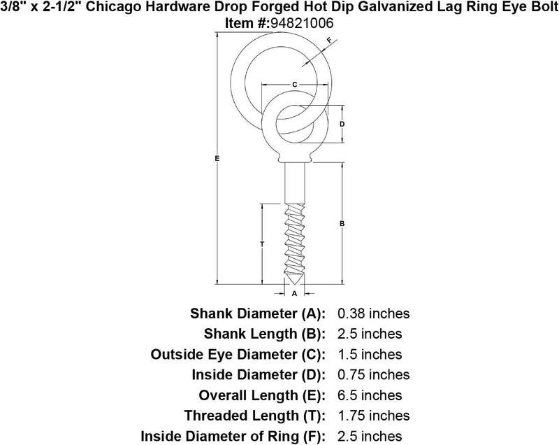 3 8 x 2 1 2 chicago hardware drop forged hot dip galvanized lag ring eyebolt specification diagram