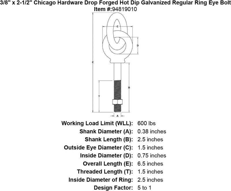 3 8 x 2 1 2 chicago hardware drop forged hot dip galvanized regular ring eyebolt specification diagram