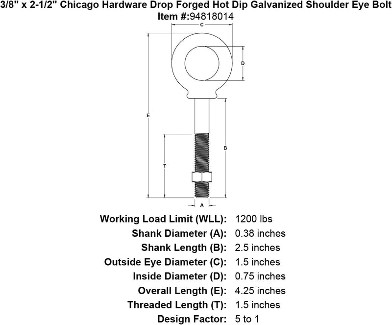 3 8 x 2 1 2 chicago hardware drop forged hot dip galvanized shoulder eyebolt specification diagram