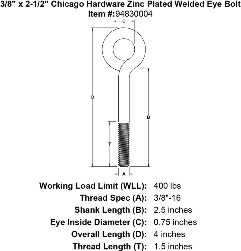 3 8 x 2 1 2 chicago hardware zinc plated welded eyebolt specification diagram