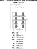 3 8 x 2 125 Stainless Steel U Bolt Oversized Head specification diagram