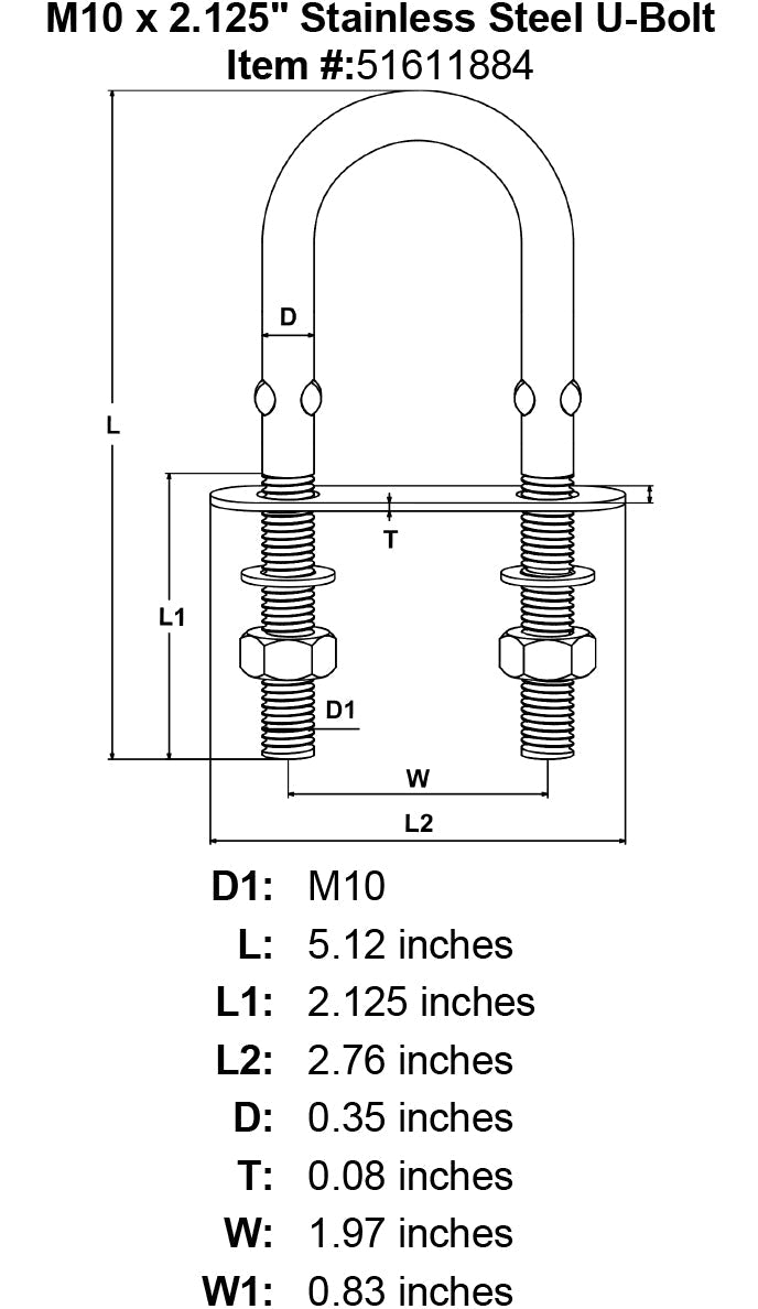 3 8 x 2 125 Stainless Steel U Bolt specification diagram