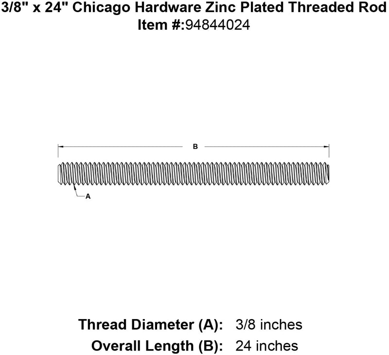 3 8 x 24 chicago hardware zinc plated threaded rod specification diagram