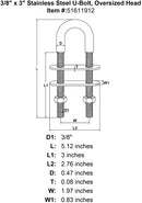 3 8 x 3 Stainless Steel U Bolt Oversized Head specification diagram
