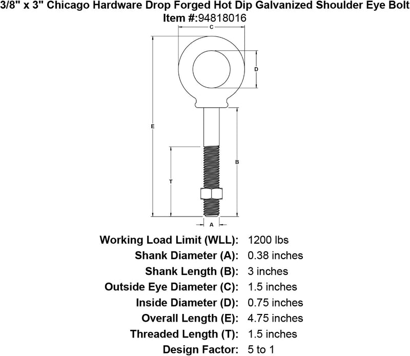 3 8 x 3 chicago hardware drop forged hot dip galvanized shoulder eyebolt specification diagram