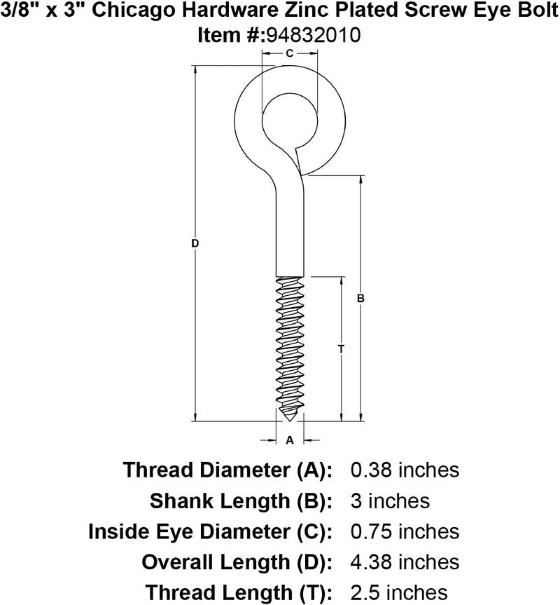 3 8 x 3 chicago hardware zinc plated screw eyebolt specification diagram