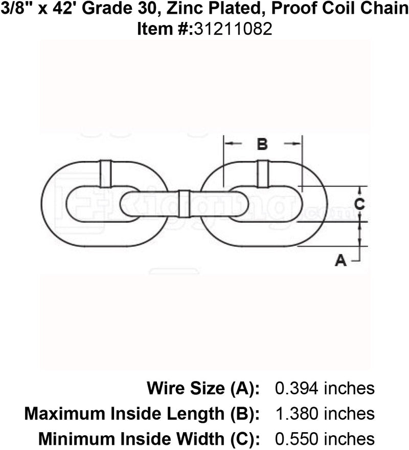 3 8 x 42 Grade 30 Zinc Plated Proof Coil Chain specification diagram