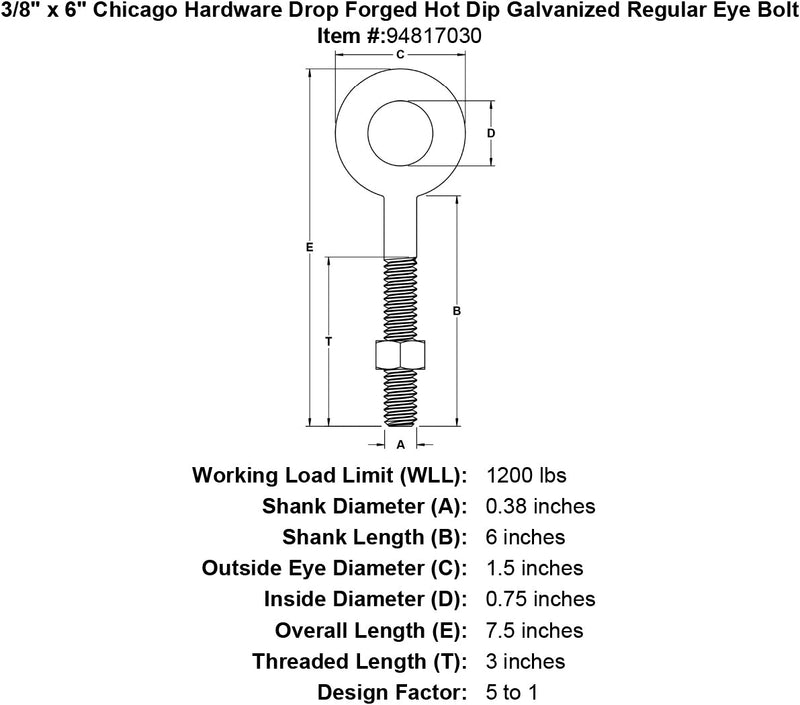 3 8 x 6 chicago hardware drop forged hot dip galvanized regular eyebolt specification diagram