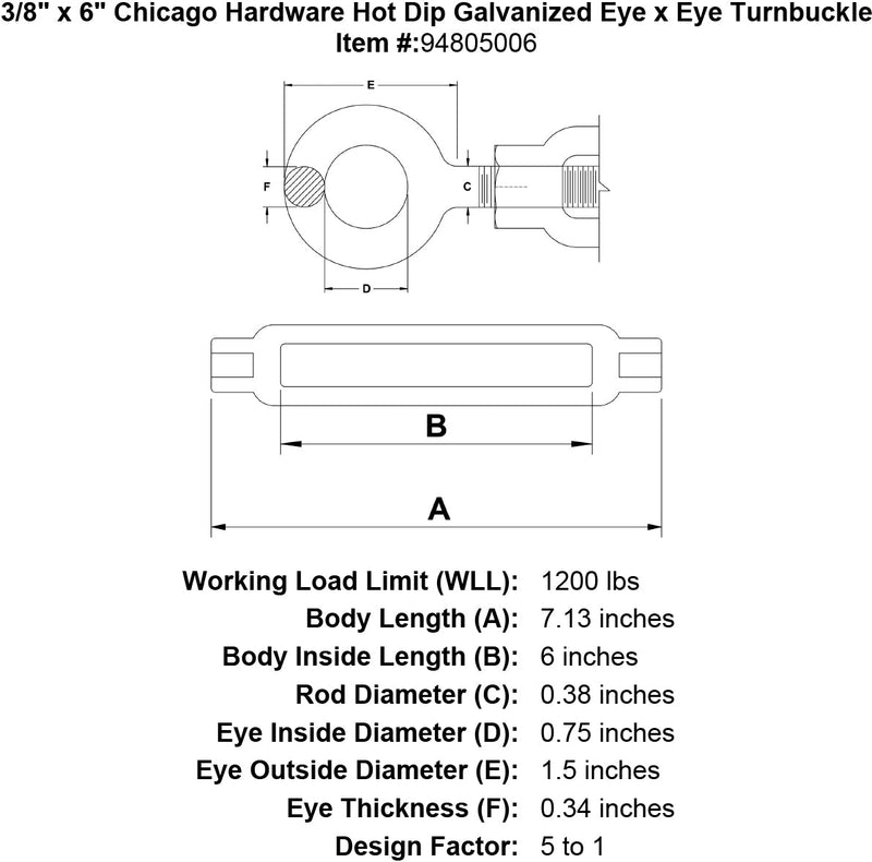 3 8 x 6 chicago hardware hot dip galvanized eye x eye turnbuckle specification diagram