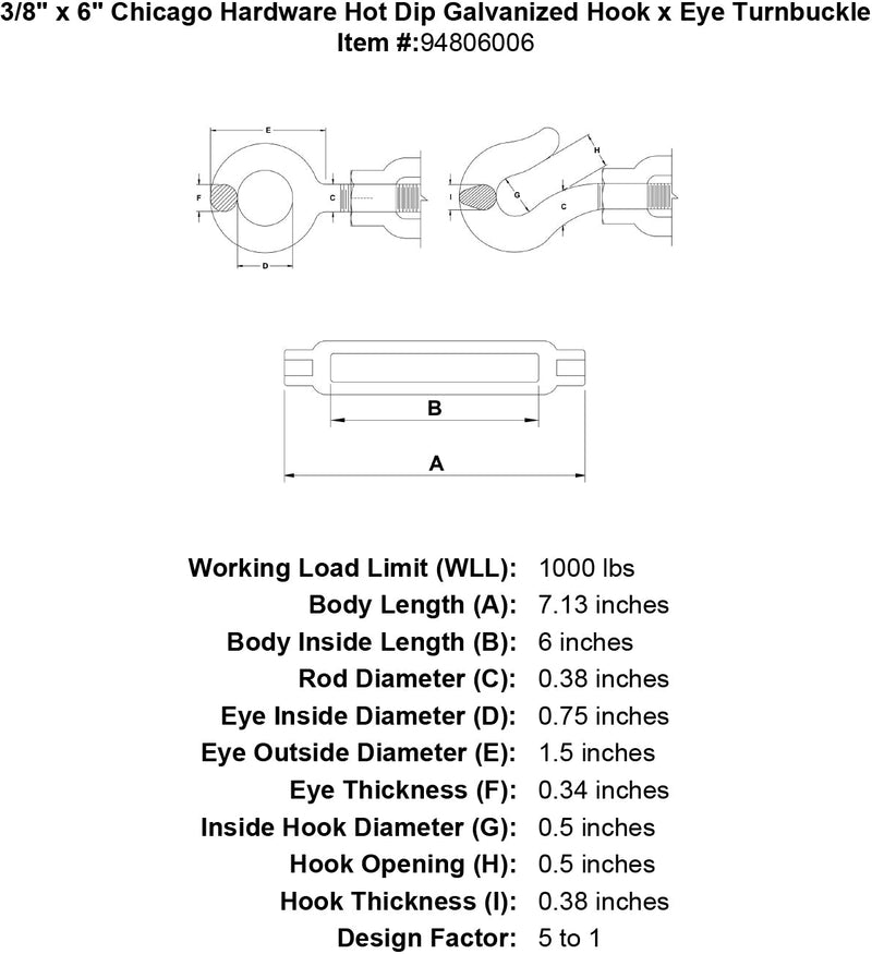 3 8 x 6 chicago hardware hot dip galvanized hook x eye turnbuckle specification diagram