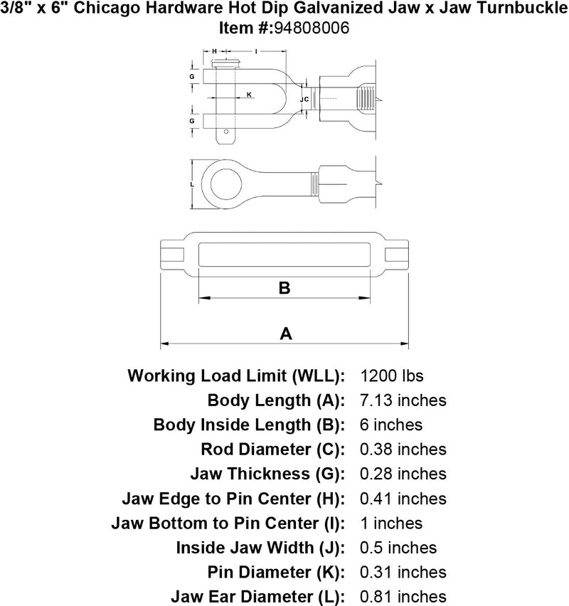 3 8 x 6 chicago hardware hot dip galvanized jaw x jaw turnbuckle specification diagram