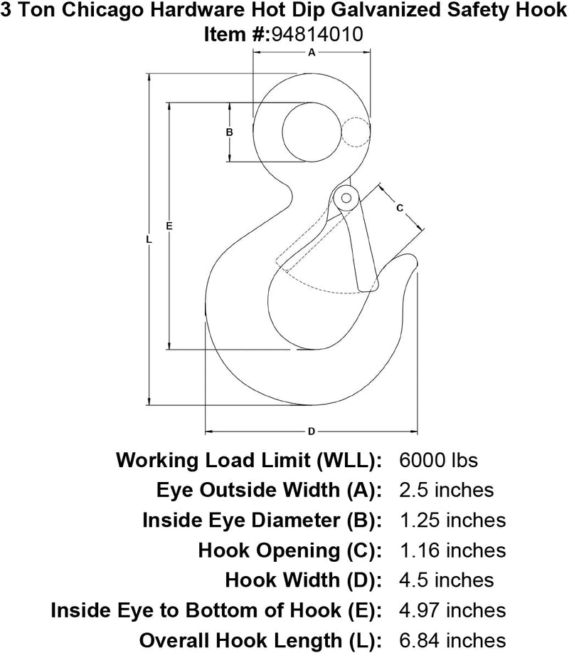 3 ton chicago hardware hot dip galvanized safety hook specification diagram