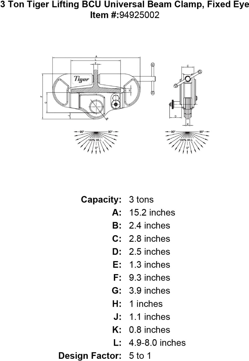 3 ton tiger lifting bcu universal beam clamp fixed eye specification diagram