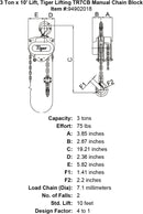3 ton x 10 lift tiger lifting tr7cb manual chain block specification diagram