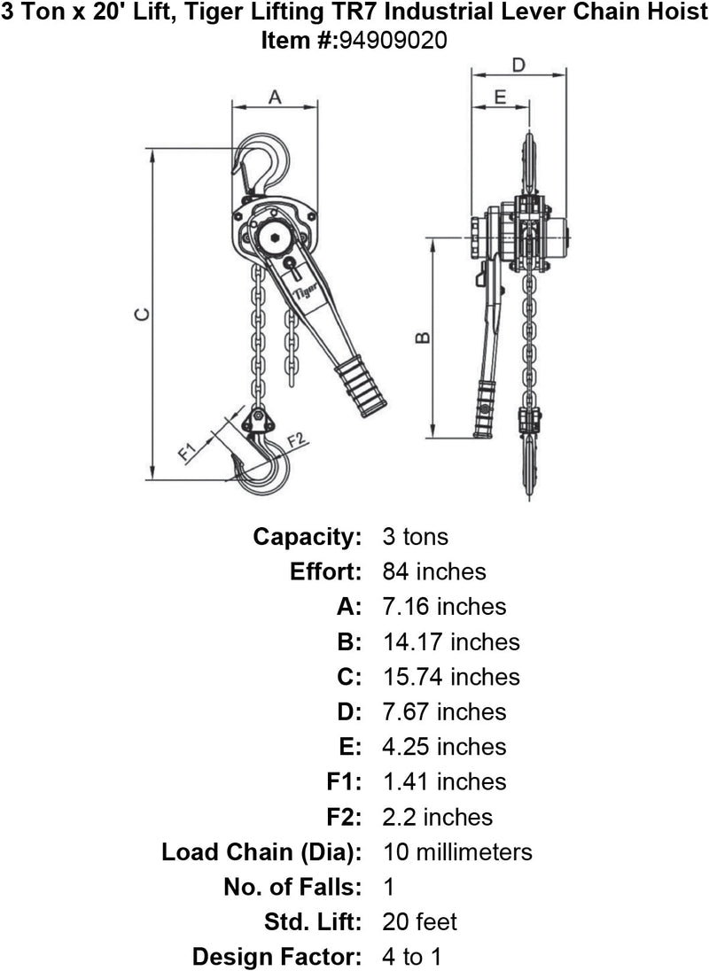 3 ton x 20 lift tiger lifting tr7 industrial lever chain hoist specification diagram
