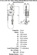 3 ton x 20 lift tiger lifting tr7cb manual chain block specification diagram