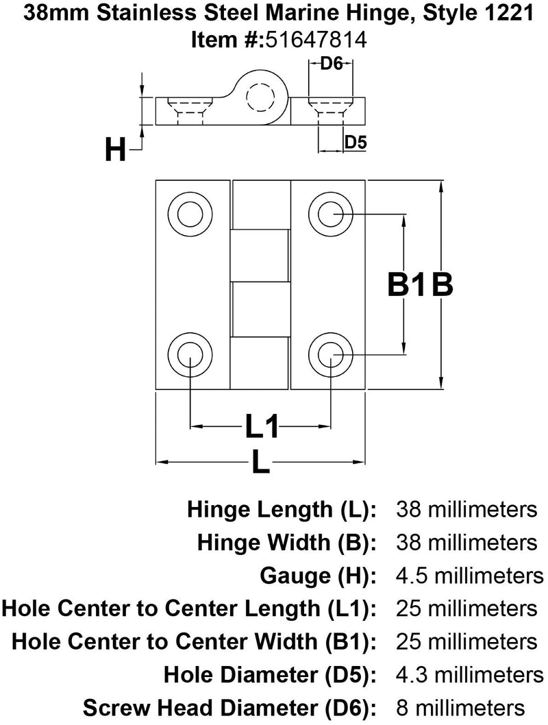 38mm Stainless Steel Marine Hinge Style 1221 specification diagram