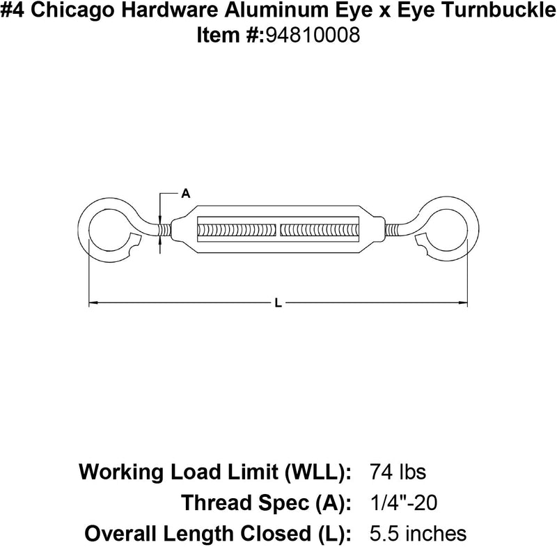 4 chicago hardware aluminum eye x eye turnbuckle specification diagram