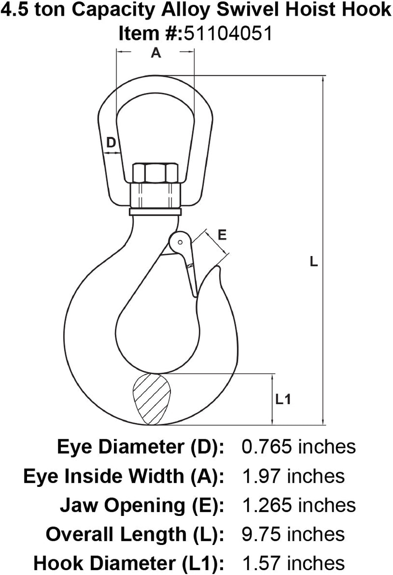4 Half Ton Alloy Swivel Hoist Hook Diagram