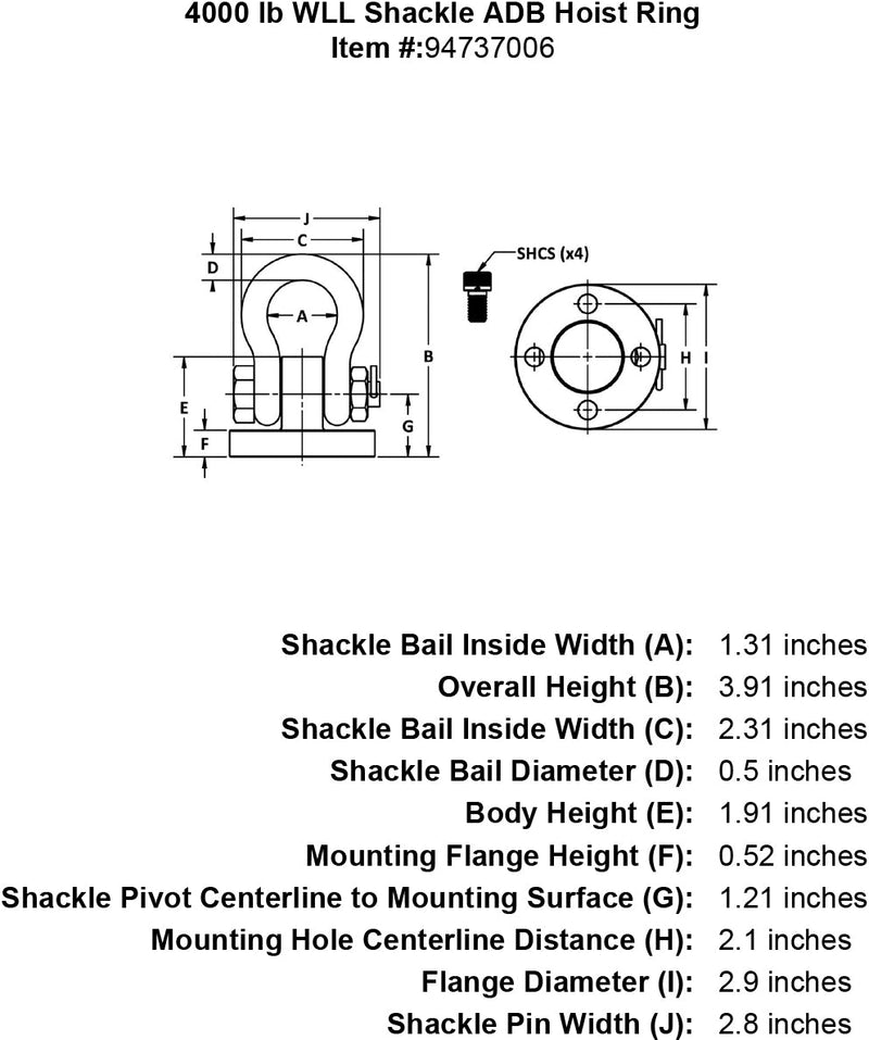 4000 lb WLL Shackle Hoist Ring specification diagram