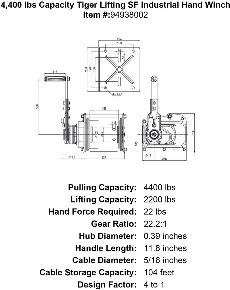 4400 lbs capacity tiger lifting sf industrial hand winch specification diagram