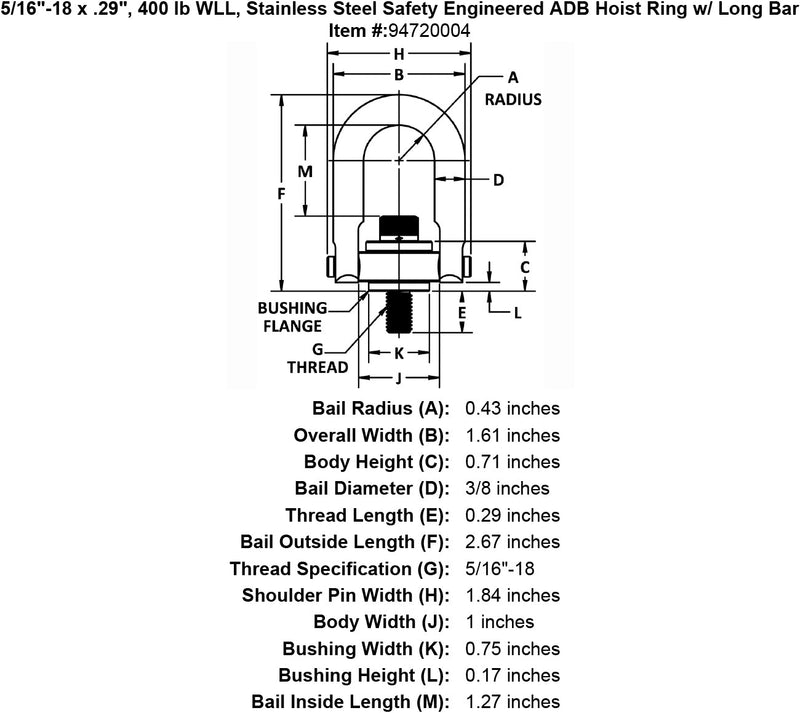 5 16 18 x 29 400 lb Stainless Steel Safety Engineered Hoist Ring Long Bar specification diagram