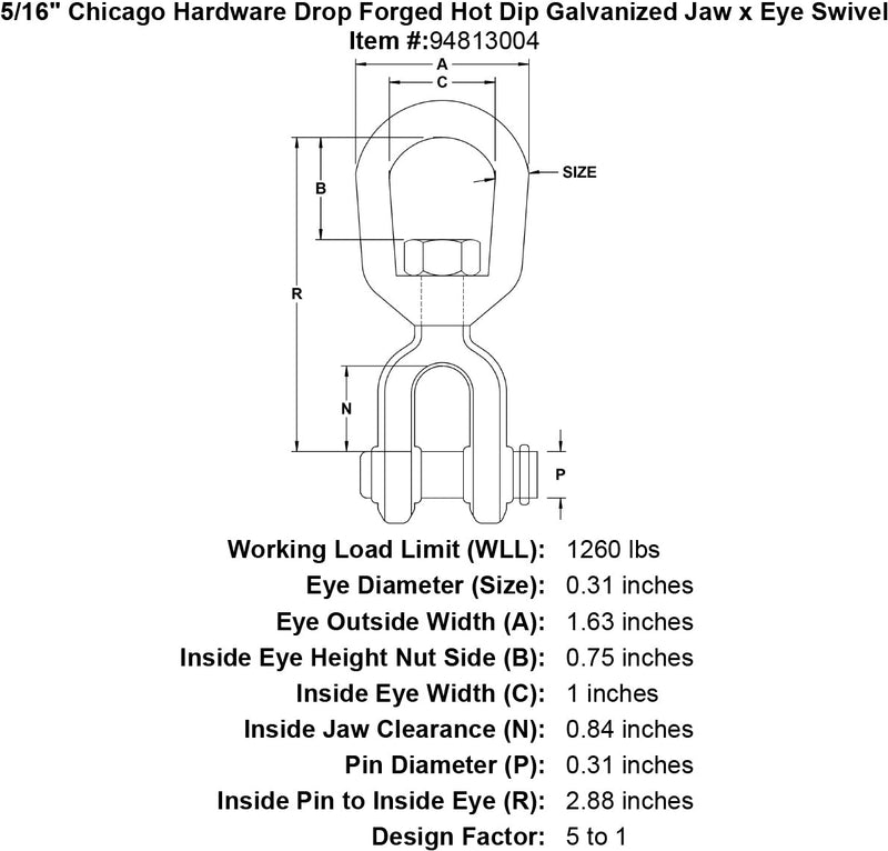 5 16 chicago hardware drop forged hot dip galvanized jaw x eye swivel specification diagram