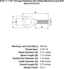 5 16 x 1 1 8 chicago hardware zinc plated machinery eyebolt specification diagram