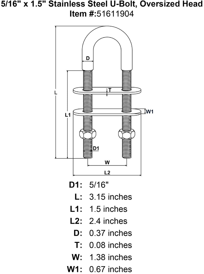 5 16 x 1 5 Stainless Steel U Bolt Oversized Head specification diagram