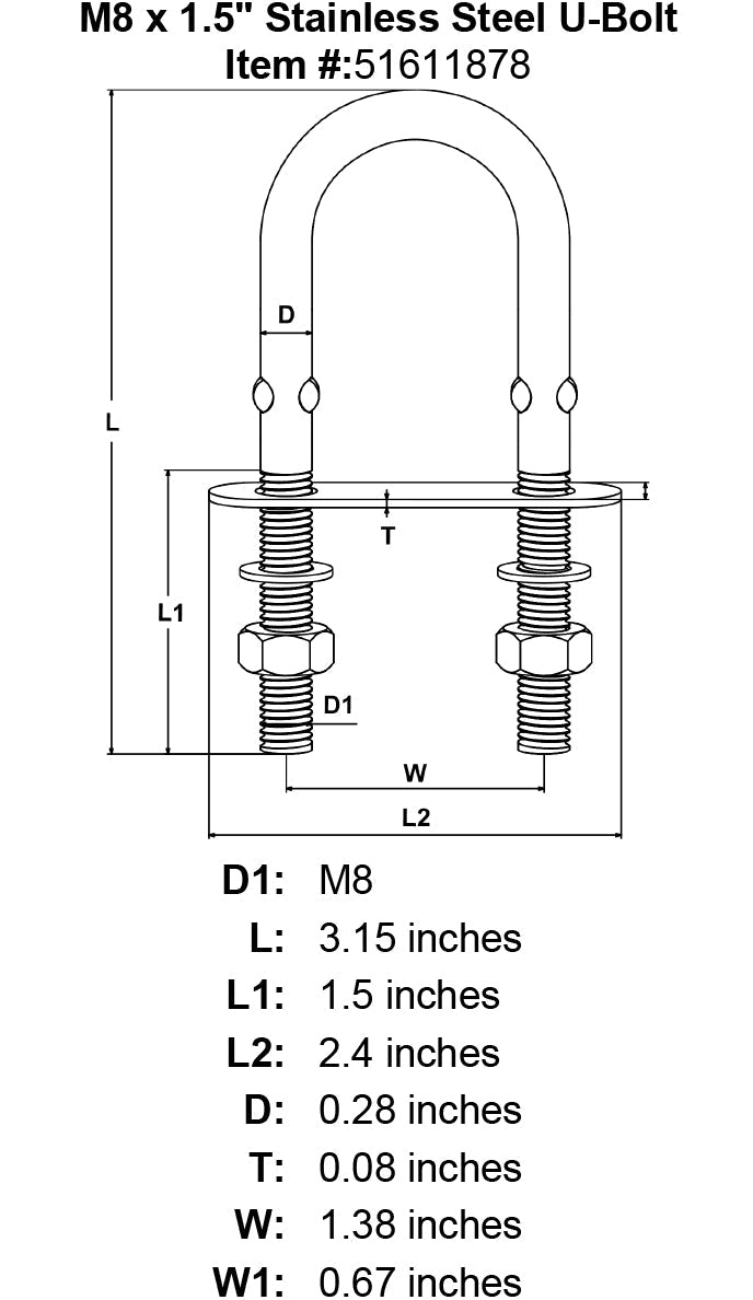 5 16 x 1 5 Stainless Steel U Bolt specification diagram
