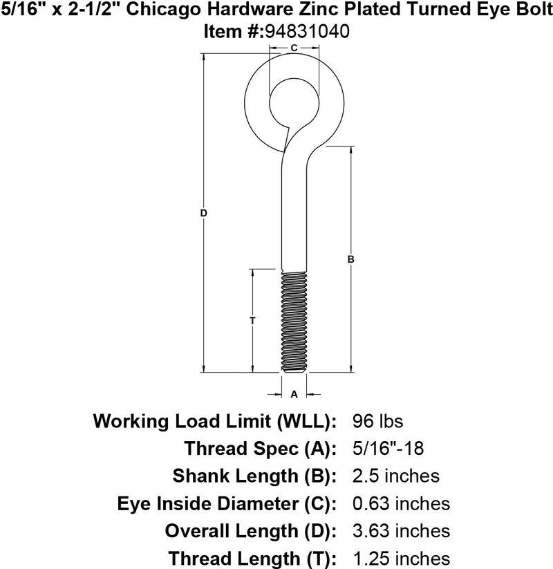 5 16 x 2 1 2 chicago hardware zinc plated turned eyebolt specification diagram