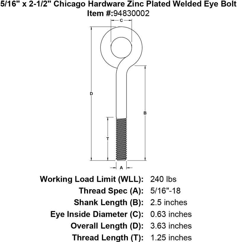 5 16 x 2 1 2 chicago hardware zinc plated welded eyebolt specification diagram