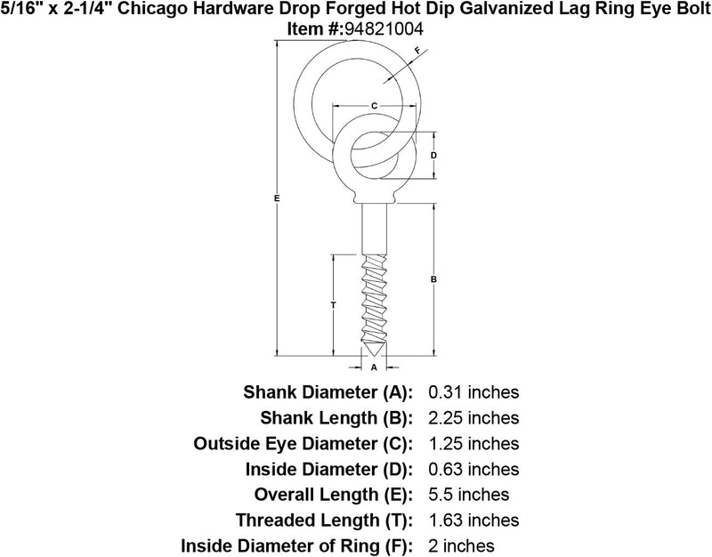 5 16 x 2 1 4 chicago hardware drop forged hot dip galvanized lag ring eyebolt specification diagram