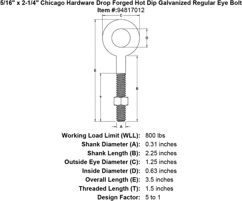 5 16 x 2 1 4 chicago hardware drop forged hot dip galvanized regular eyebolt specification diagram