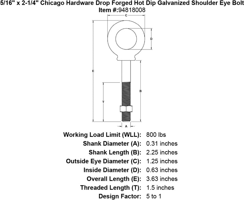 5 16 x 2 1 4 chicago hardware drop forged hot dip galvanized shoulder eyebolt specification diagram