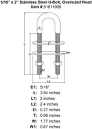 5 16 x 2 Stainless Steel U Bolt Oversized Head specification diagram