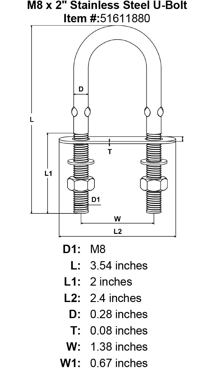 5 16 x 2 Stainless Steel U Bolt specification diagram