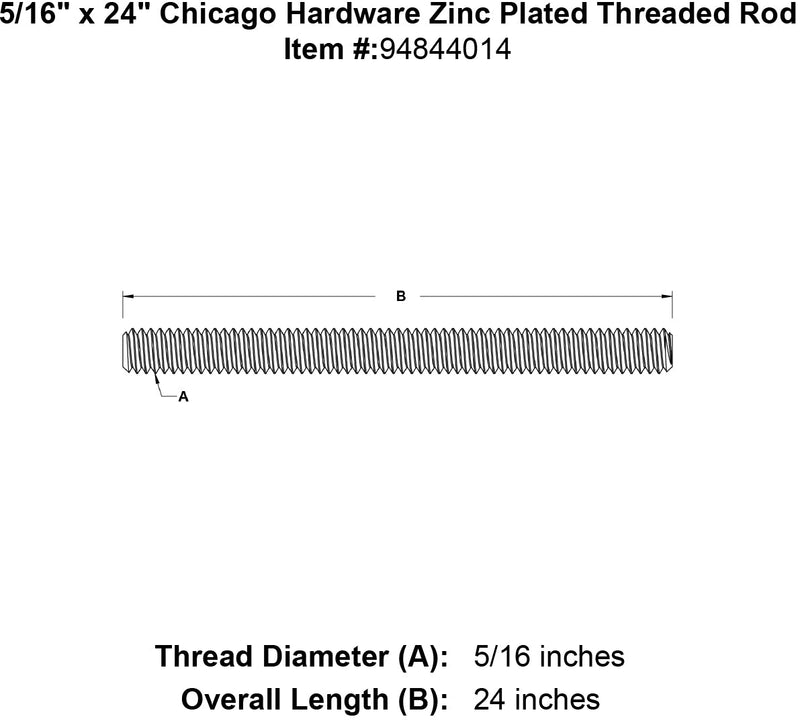 5 16 x 24 chicago hardware zinc plated threaded rod specification diagram