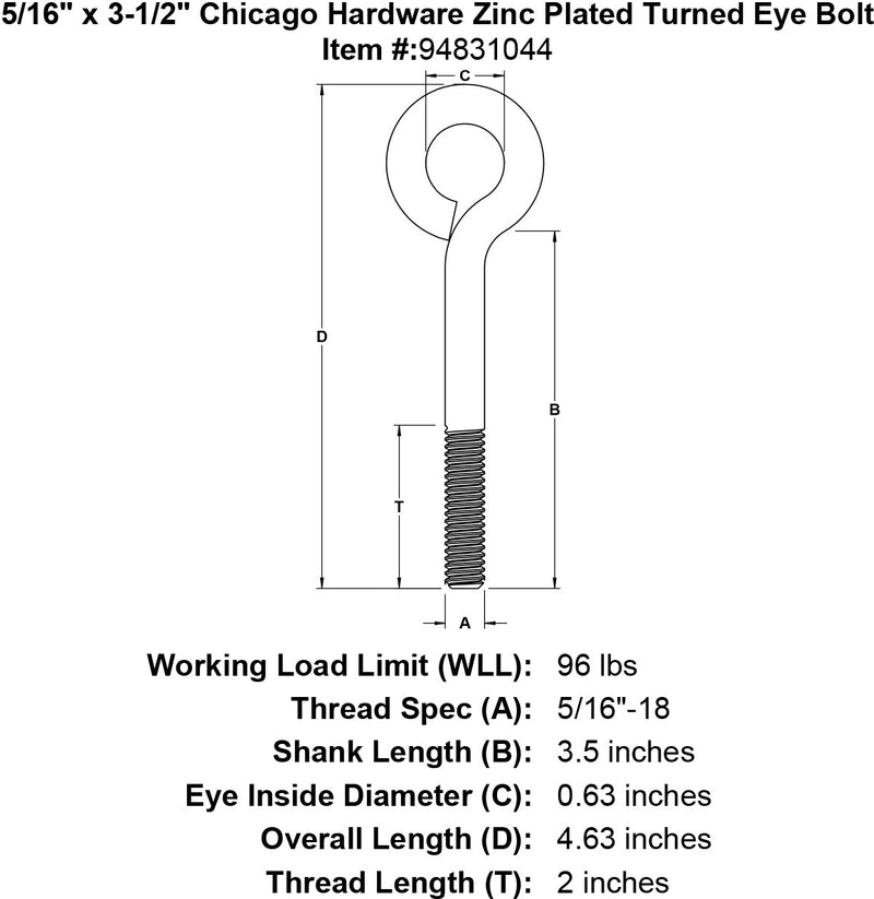 5 16 x 3 1 2 chicago hardware zinc plated turned eyebolt specification diagram