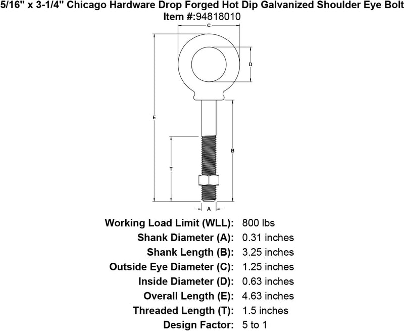 5 16 x 3 1 4 chicago hardware drop forged hot dip galvanized shoulder eyebolt specification diagram