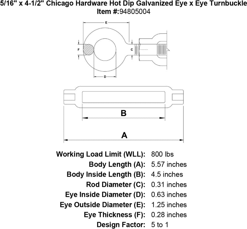 5 16 x 4 1 2 chicago hardware hot dip galvanized eye x eye turnbuckle specification diagram