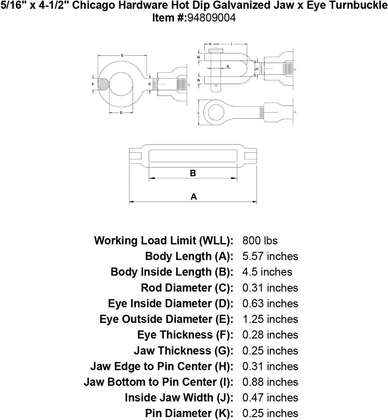 5 16 x 4 1 2 chicago hardware hot dip galvanized jaw x eye turnbuckle specification diagram